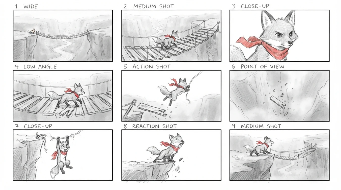 Nine-panel pencil storyboard of a fox in a red scarf crossing a breaking rope bridge over a canyon