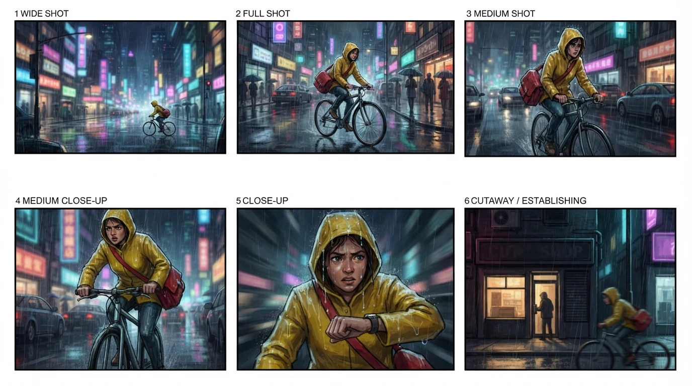 Six-panel color storyboard of a courier in a yellow raincoat cycling through a rainy neon city at night