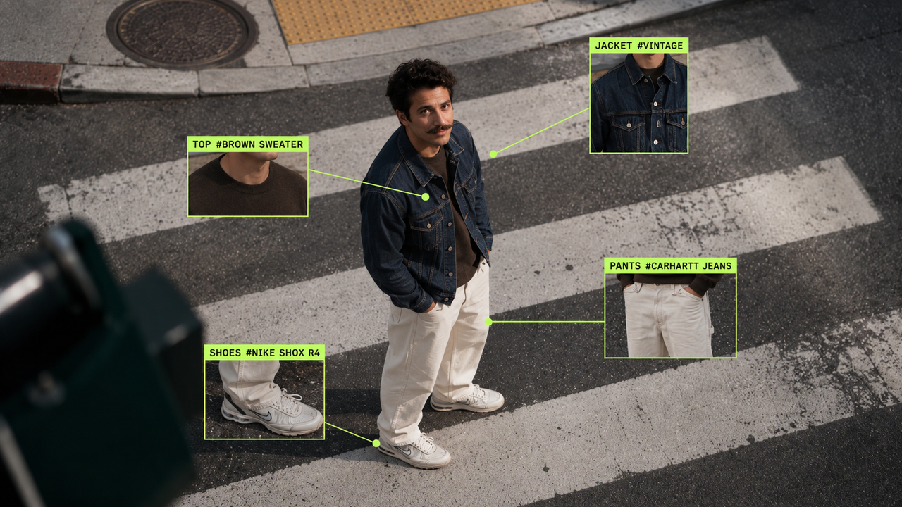 A virtual AI fashion model wearing a styled streetwear outfit with labelled callouts for an ecommerce lookbook