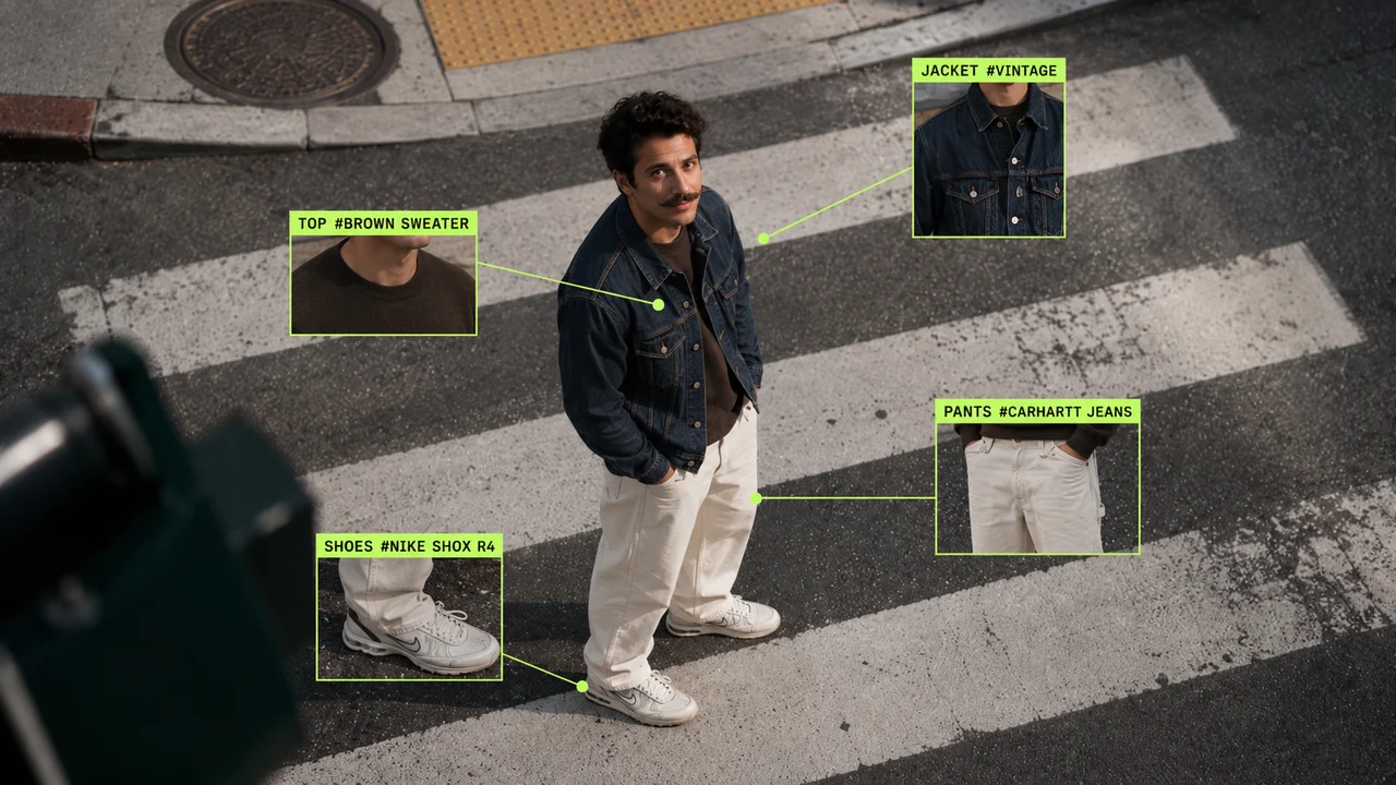 Street portrait with green callout boxes labeling each outfit item, illustrating region-precise editing