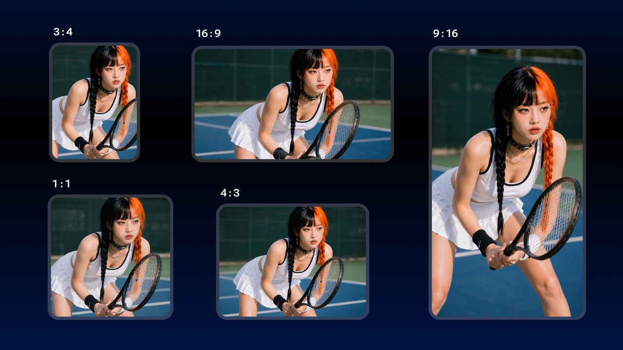 A lifestyle AI photoshoot of an original person on a tennis court shown in several aspect-ratio crops