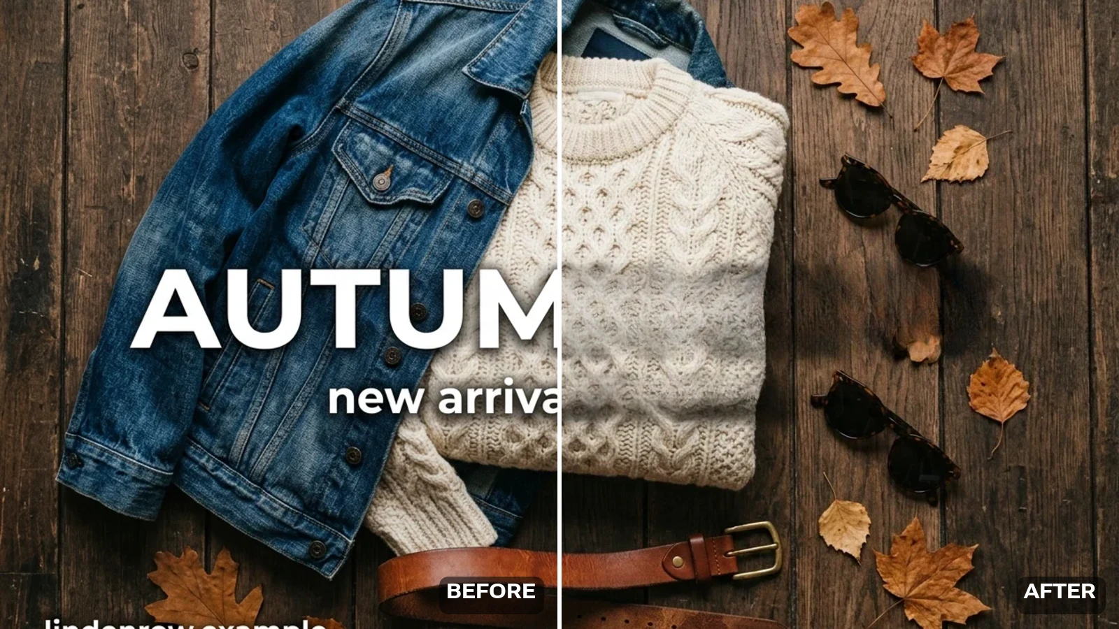 An overhead clothing flat-lay split down the middle: the left half carries a large AUTUMN EDIT headline and a handle over the garments, the right half is the same photo with the text removed and the fabric intact