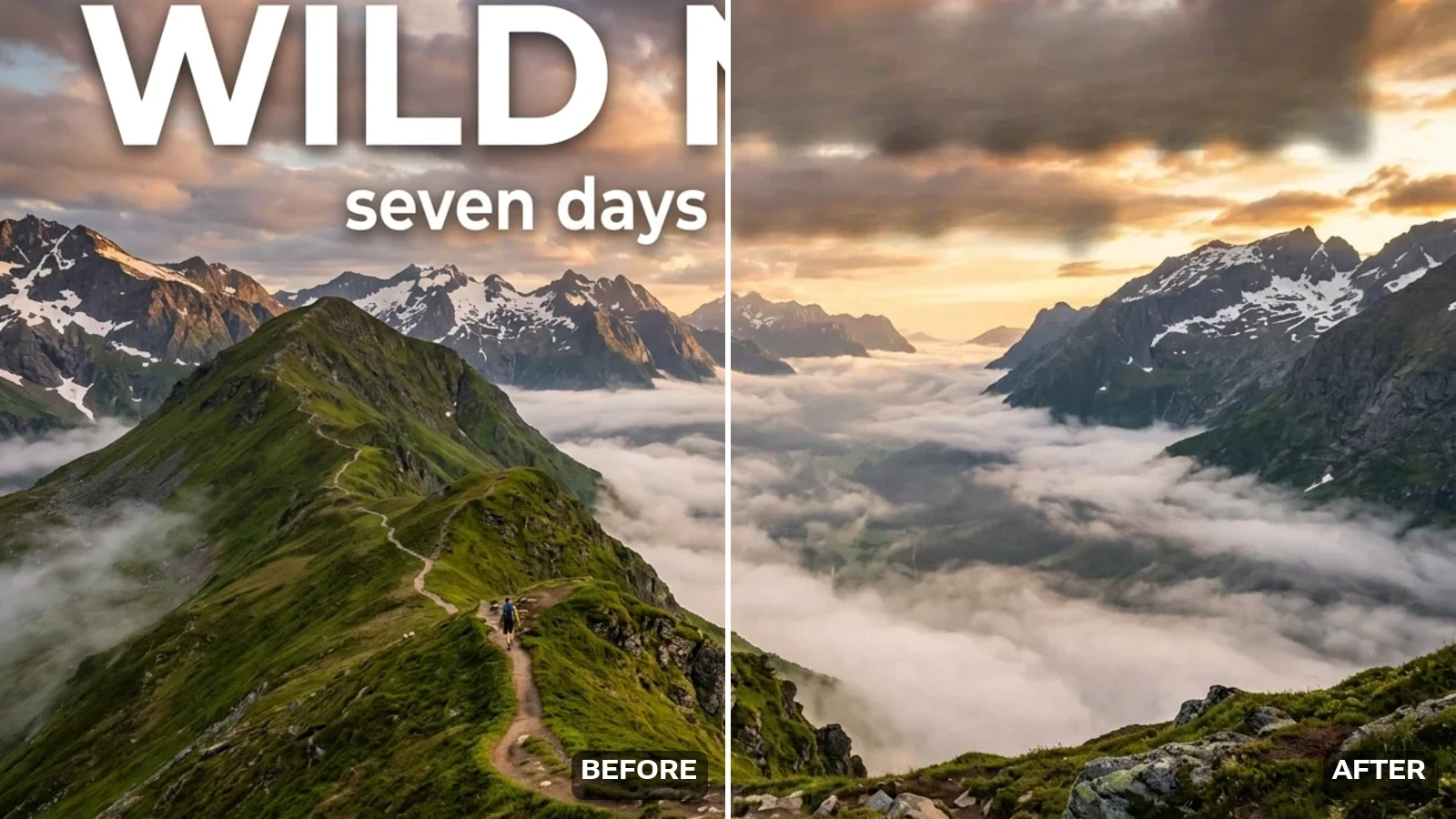 A mountain landscape split down the middle: the left half still carries a huge WILD NORTH headline, a strapline and a corner watermark, the right half is the same photo with every line erased