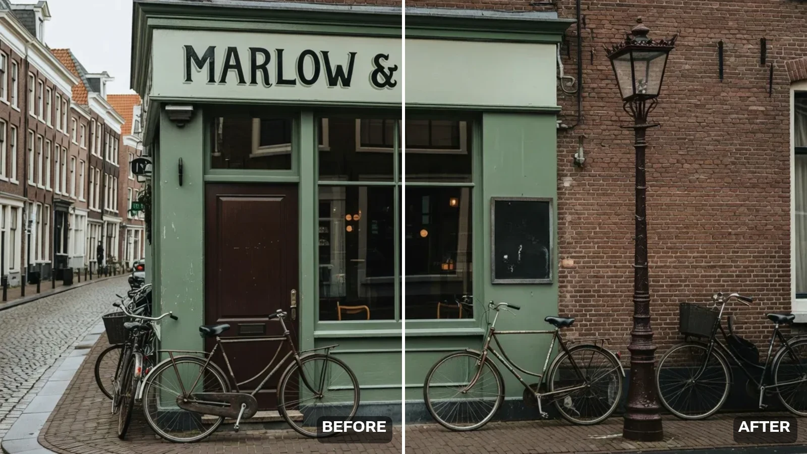 A corner café split down the middle: the left half shows the painted shop sign, the right half shows the same shopfront with the sign wiped blank by all-text mode
