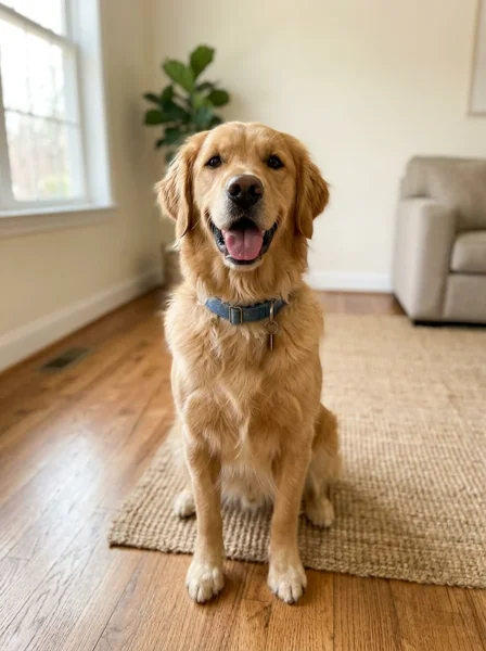 The input photo: a golden retriever with a blue collar