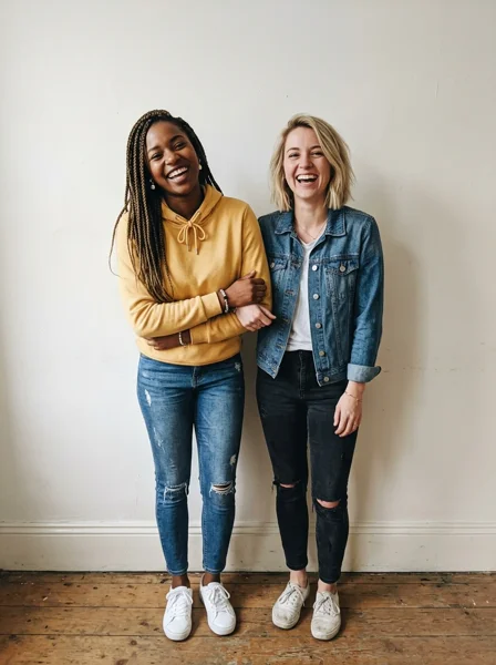 The input photo: two friends standing side by side against a white wall