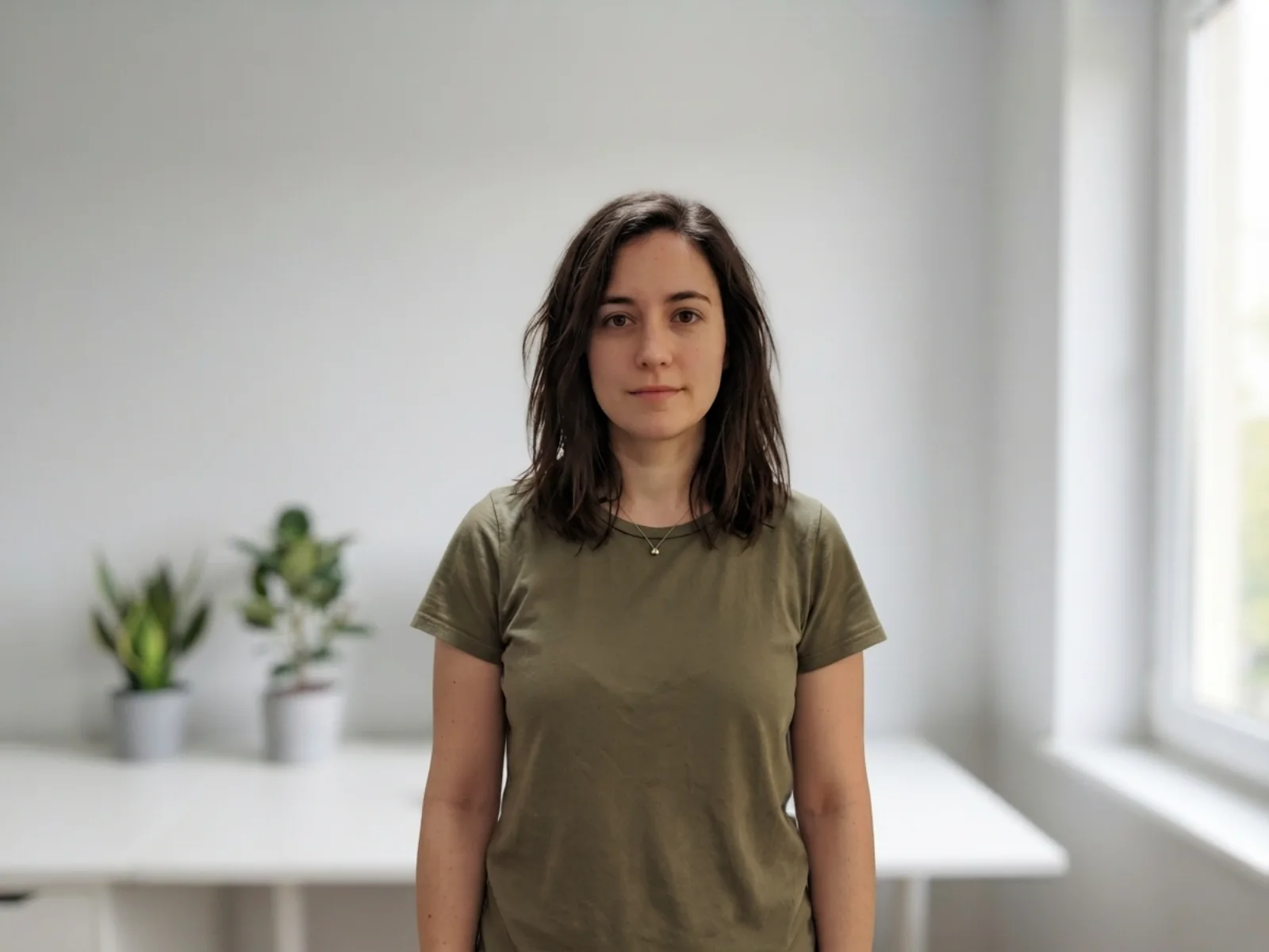 After: real model output — the same person untouched, with the cluttered room replaced by a bright modern office