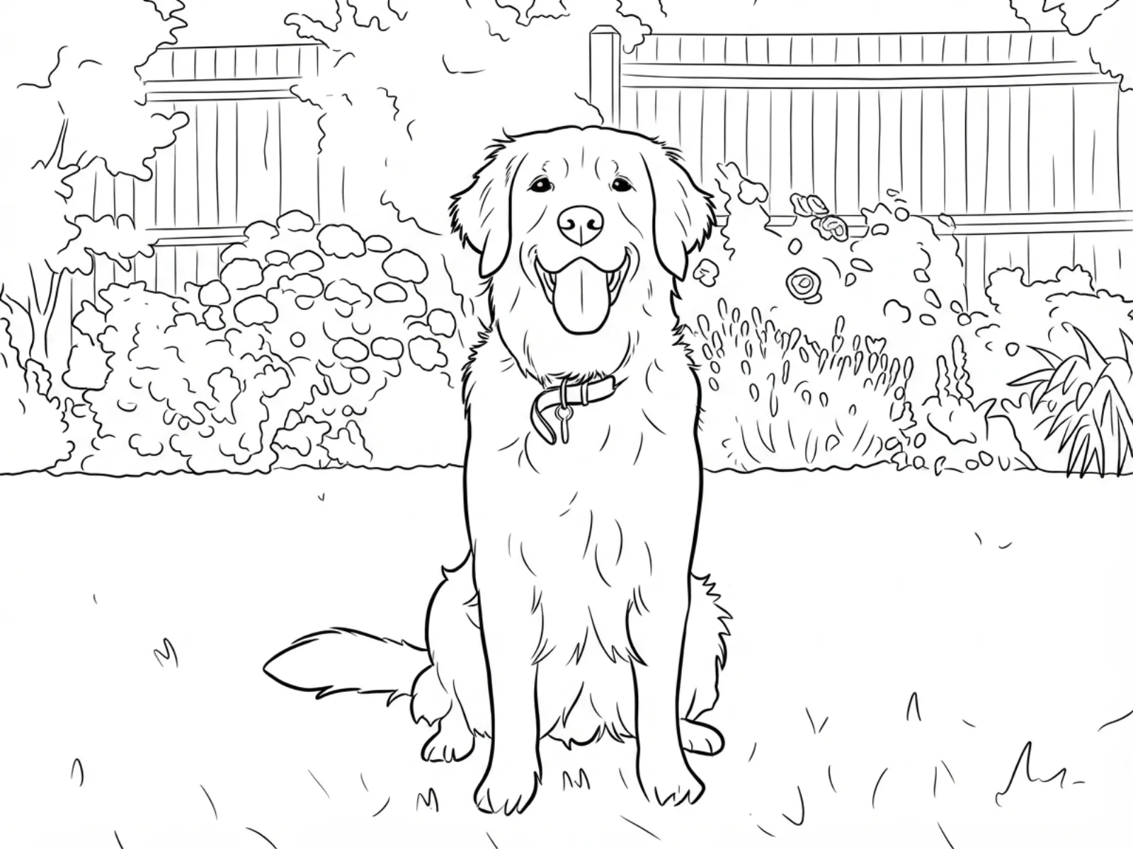 After: real model output — the same dog as clean black-and-white printable line art on white