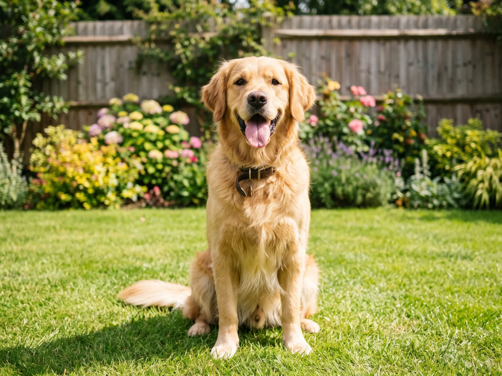 Before: our own AI-generated garden photo of a golden retriever, used as the coloring-page input