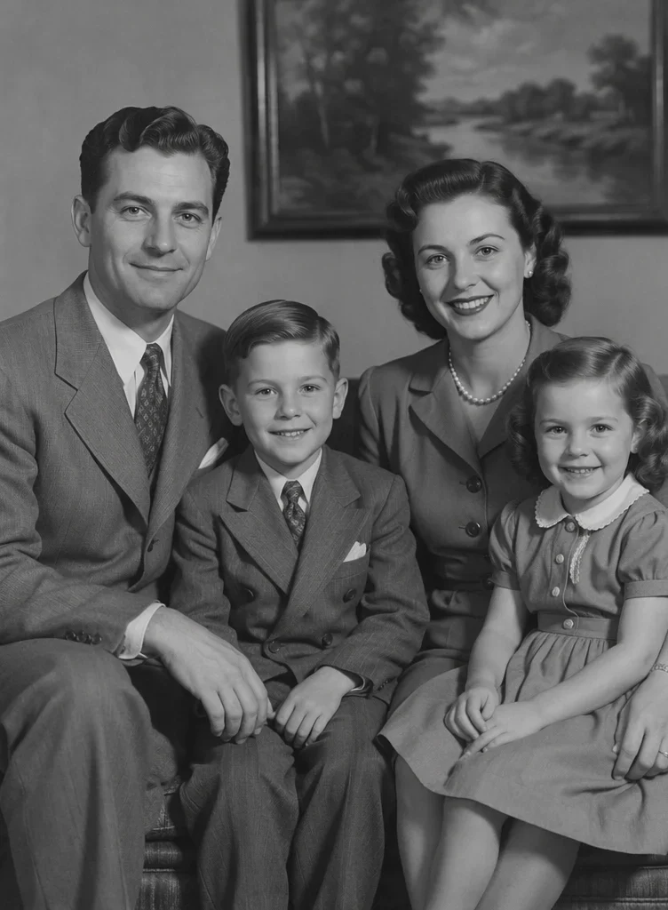 Before: a black-and-white 1940s family portrait of original people sitting on a sofa