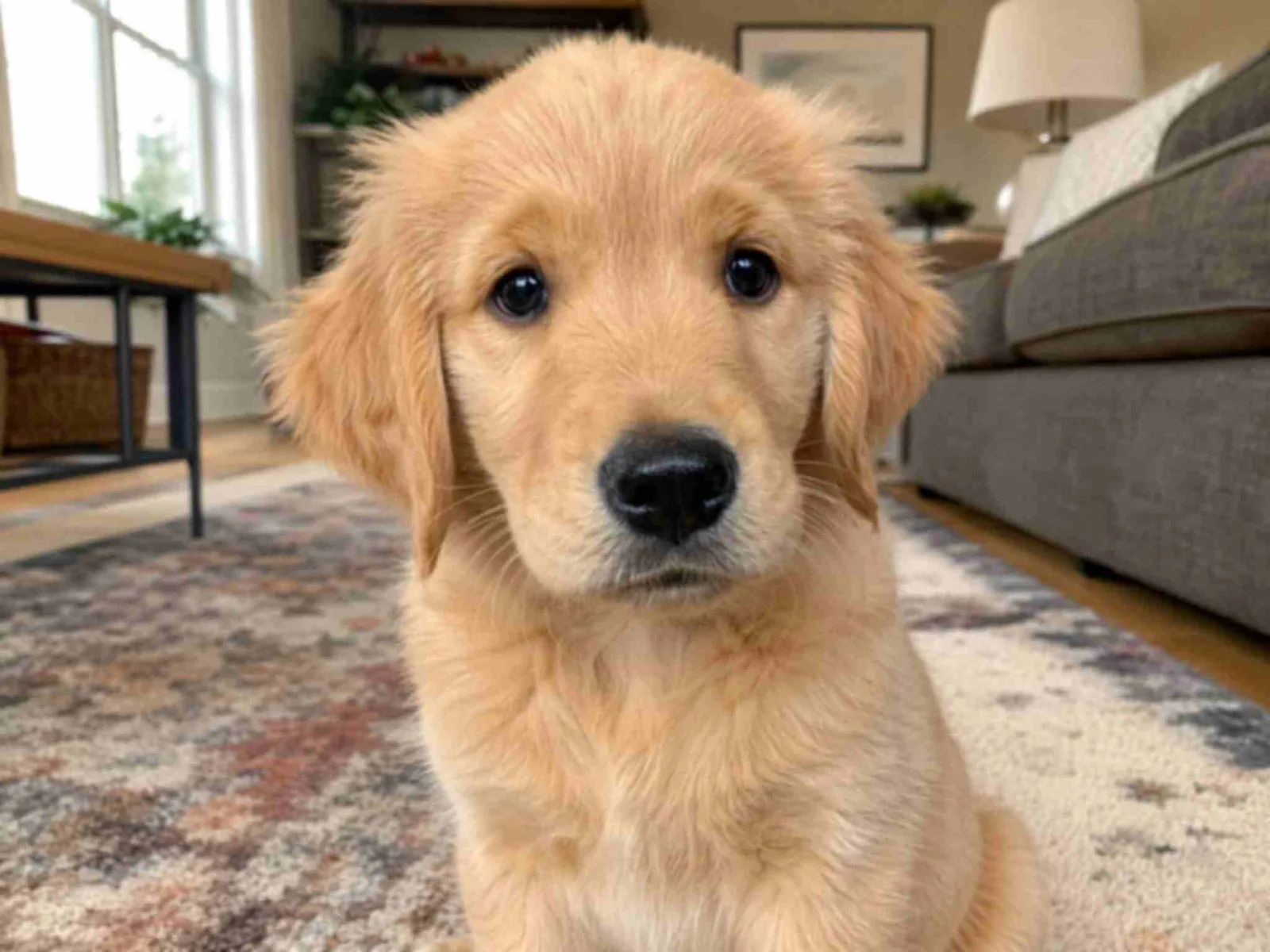 ぼやけてノイズが乗り、圧縮で劣化したゴールデンレトリバーの子犬の写真