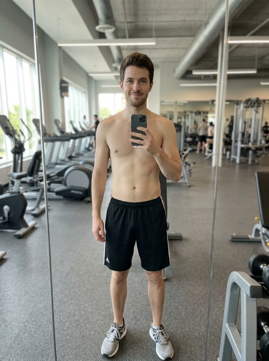Before the muscle edit: an AI-generated fictional man with a slim untrained build taking a shirtless gym mirror selfie