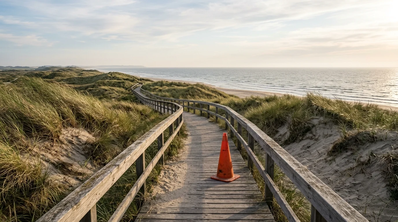Before: our own generated beach-path photo with an orange traffic cone in the foreground