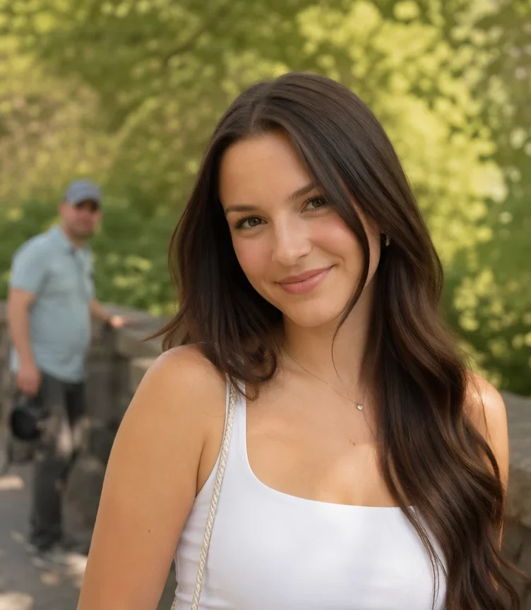 Before: an outdoor portrait of a woman with a stranger in a blue shirt standing behind her on the bridge