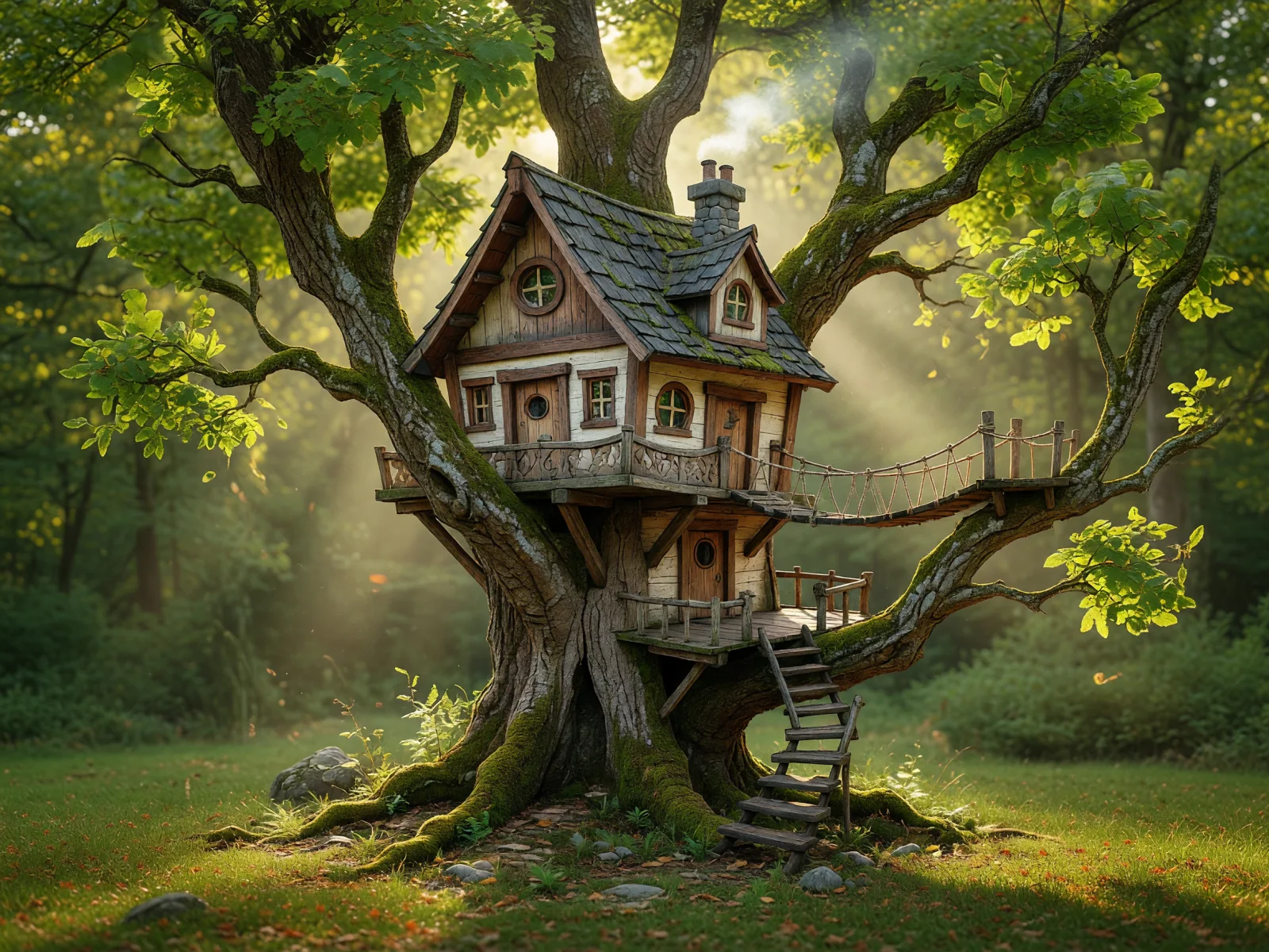 Dopo: output reale del modello — la stessa casetta sull'albero resa come immagine fotorealistica finita, seguendo la composizione dello schizzo