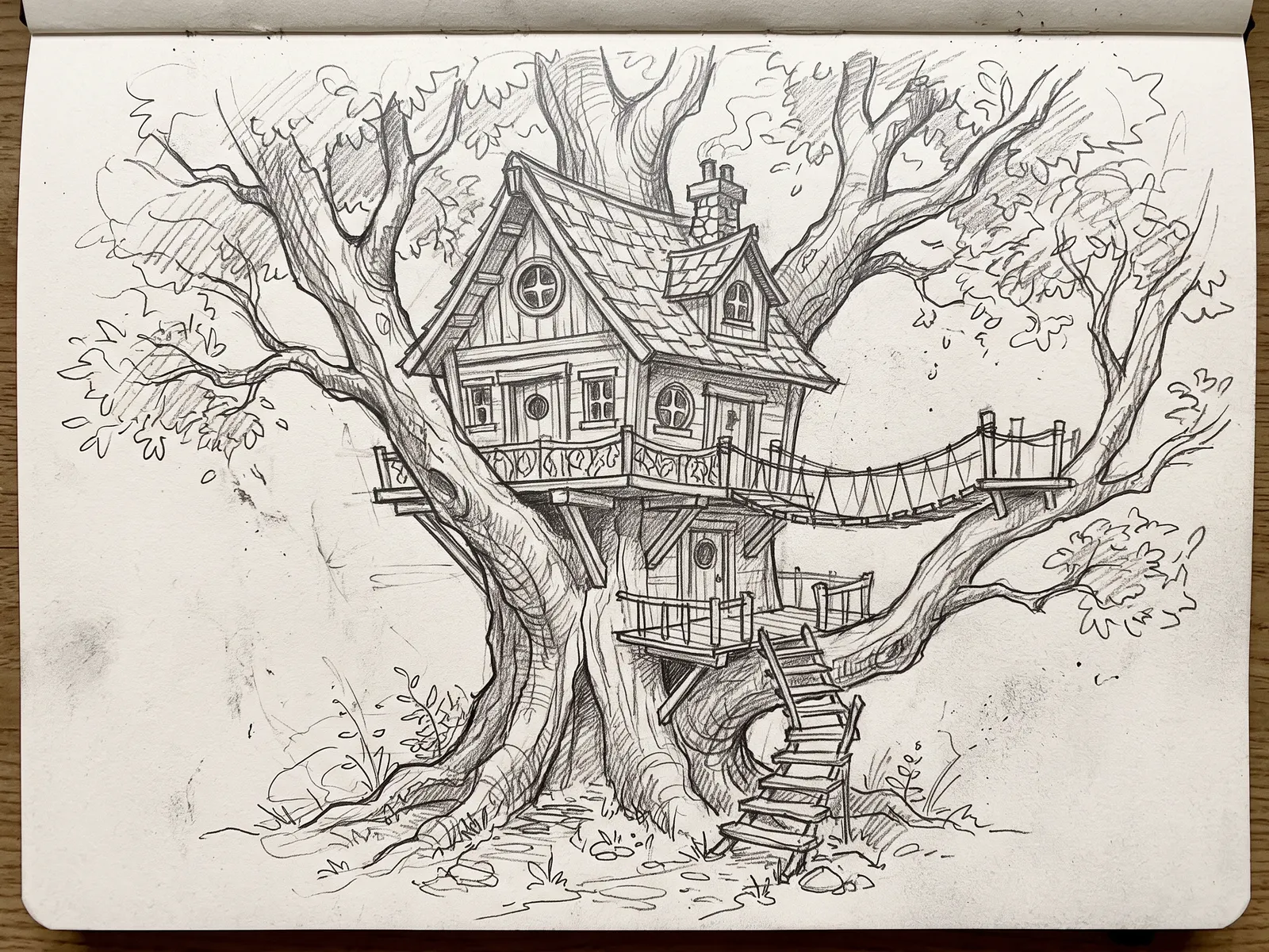 Before: our own sketchbook-style pencil sketch of a fantasy treehouse cottage, used as the sketch input