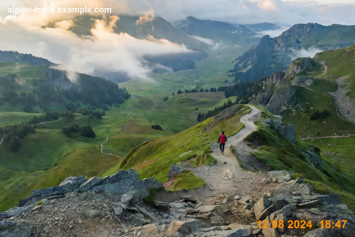 Before: a mountain trail photo with a website URL across the top corner and an orange camera date stamp in the bottom corner