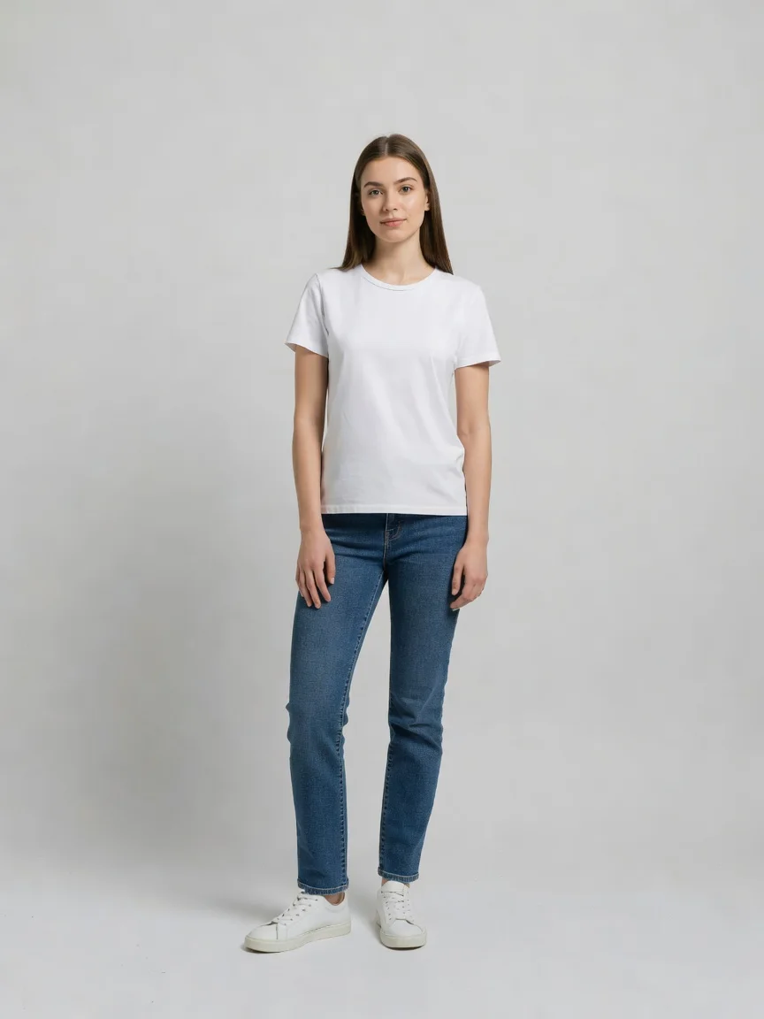 Before virtual try-on: a studio photo of an AI-generated woman in a plain white t-shirt and jeans