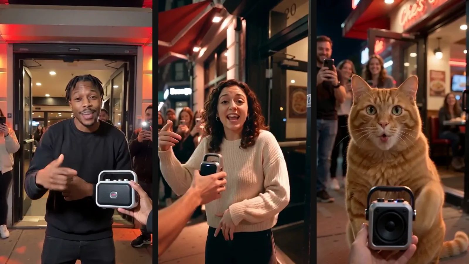 A man in a black sweatshirt freestyling outside a red-lit restaurant door at night while a hand holds a portable speaker toward the camera — a frame from real model output