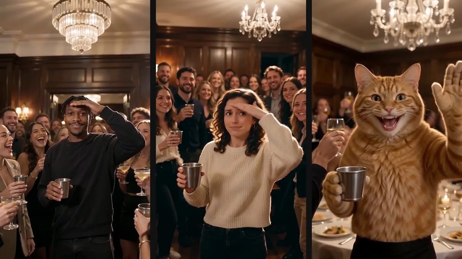 A man in a black sweatshirt holding a silver cup and shading his eyes under a crystal chandelier, a laughing crowd behind him — a frame from real model output