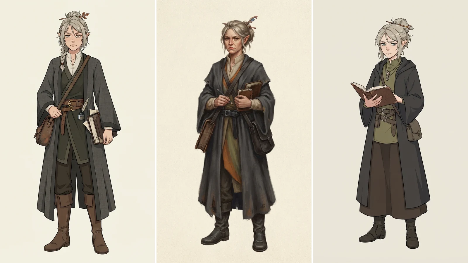 An original character drawn by the AI character creator from a five-part description: a half-elf archivist with ash-blonde hair, a copper hairpin, layered charcoal robes and a muted autumn palette