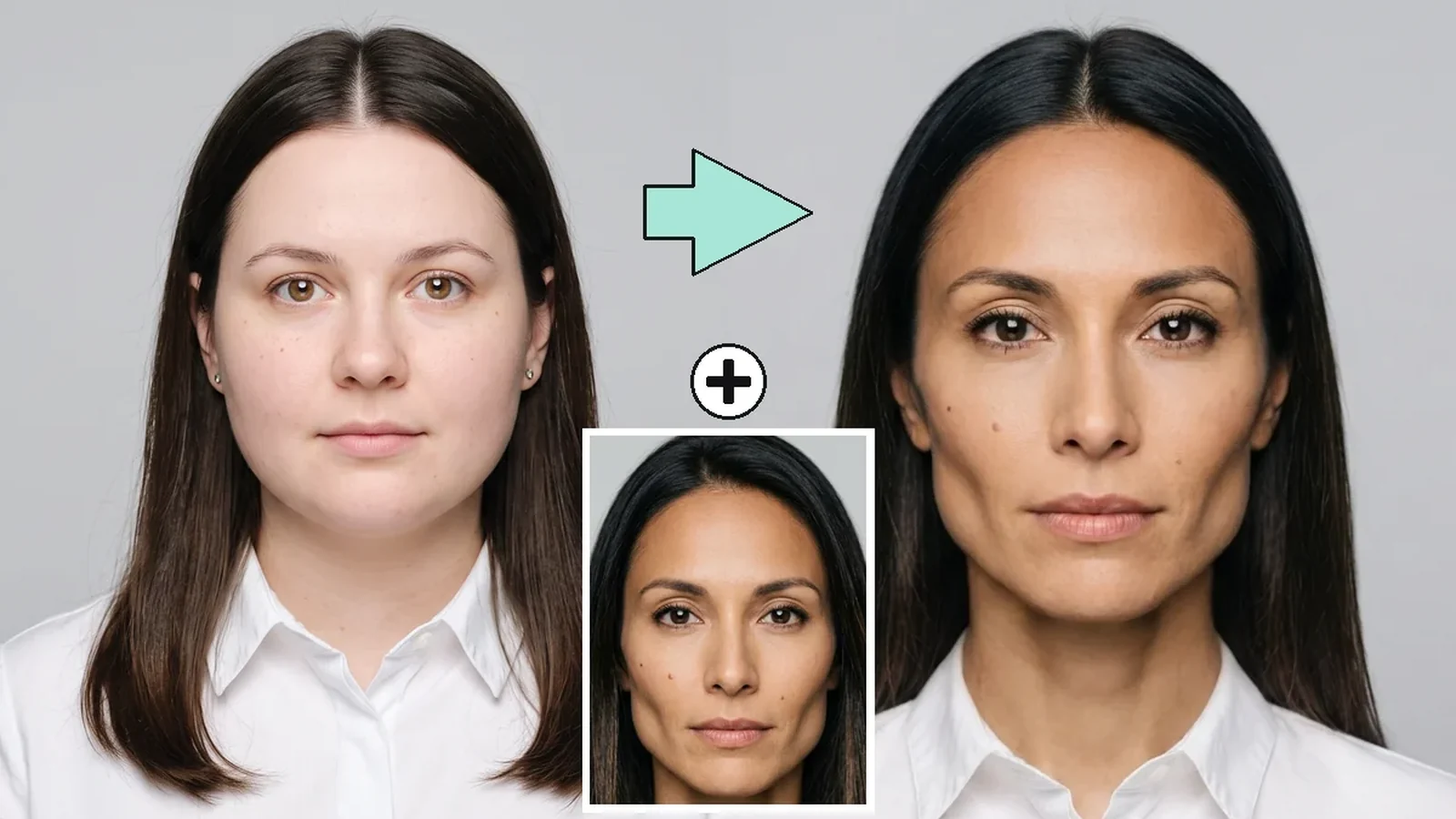 How an AI face swap works: the target studio headshot on the left, the face being used in the middle, and the finished result on the right