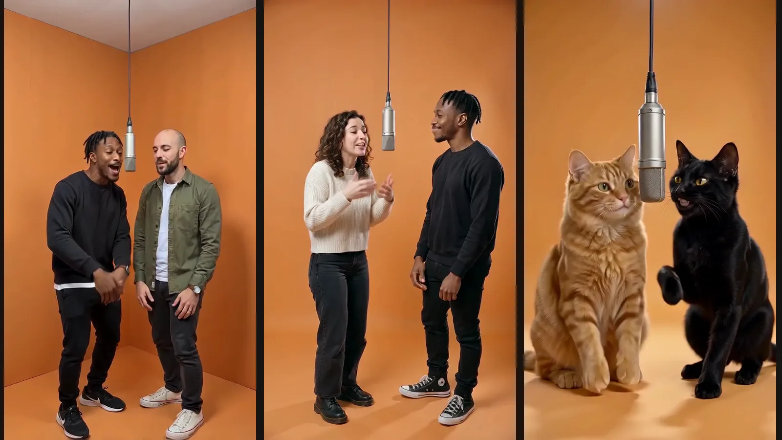 Two friends in an orange studio booth sharing one hanging microphone, one rapping while the other hypes him — a frame from real model output