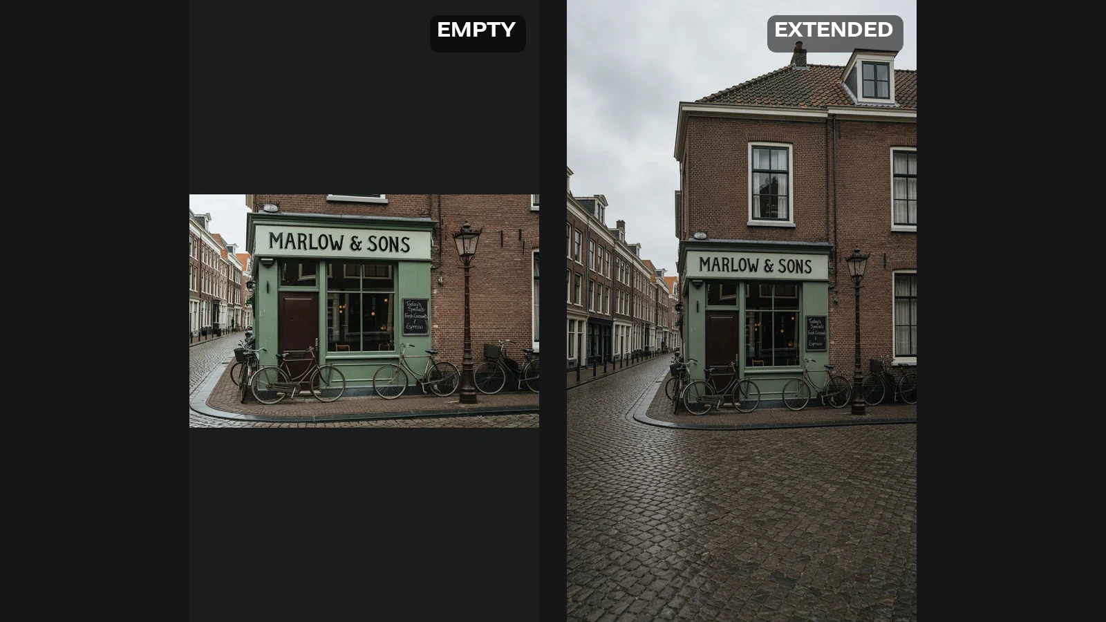 After AI image extension: the same desk photo as a full 16:9 image with the wooden desk surface continued on both sides
