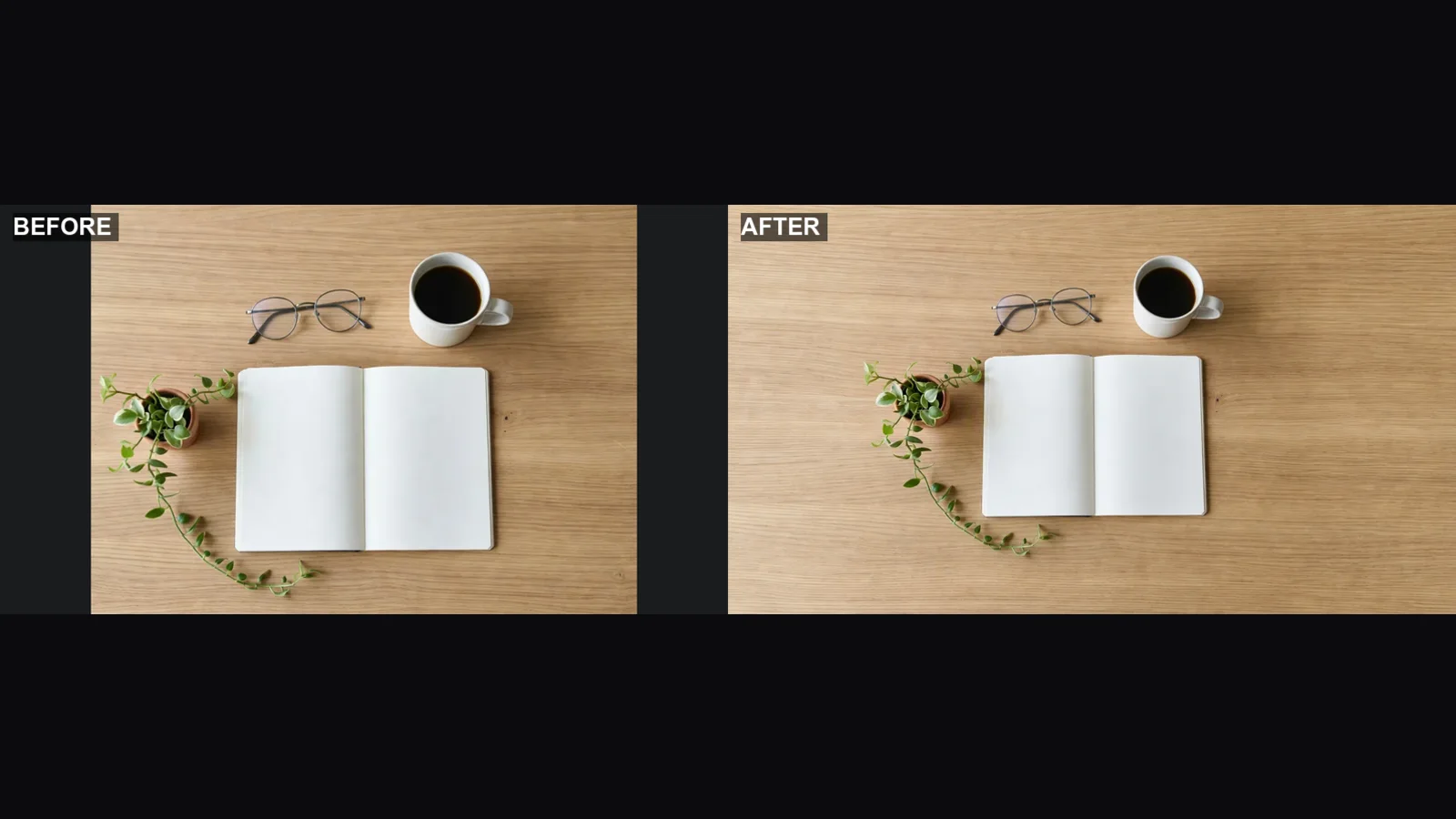 After AI image extension: the same desk photo as a full 16:9 image with the wooden desk surface continued on both sides