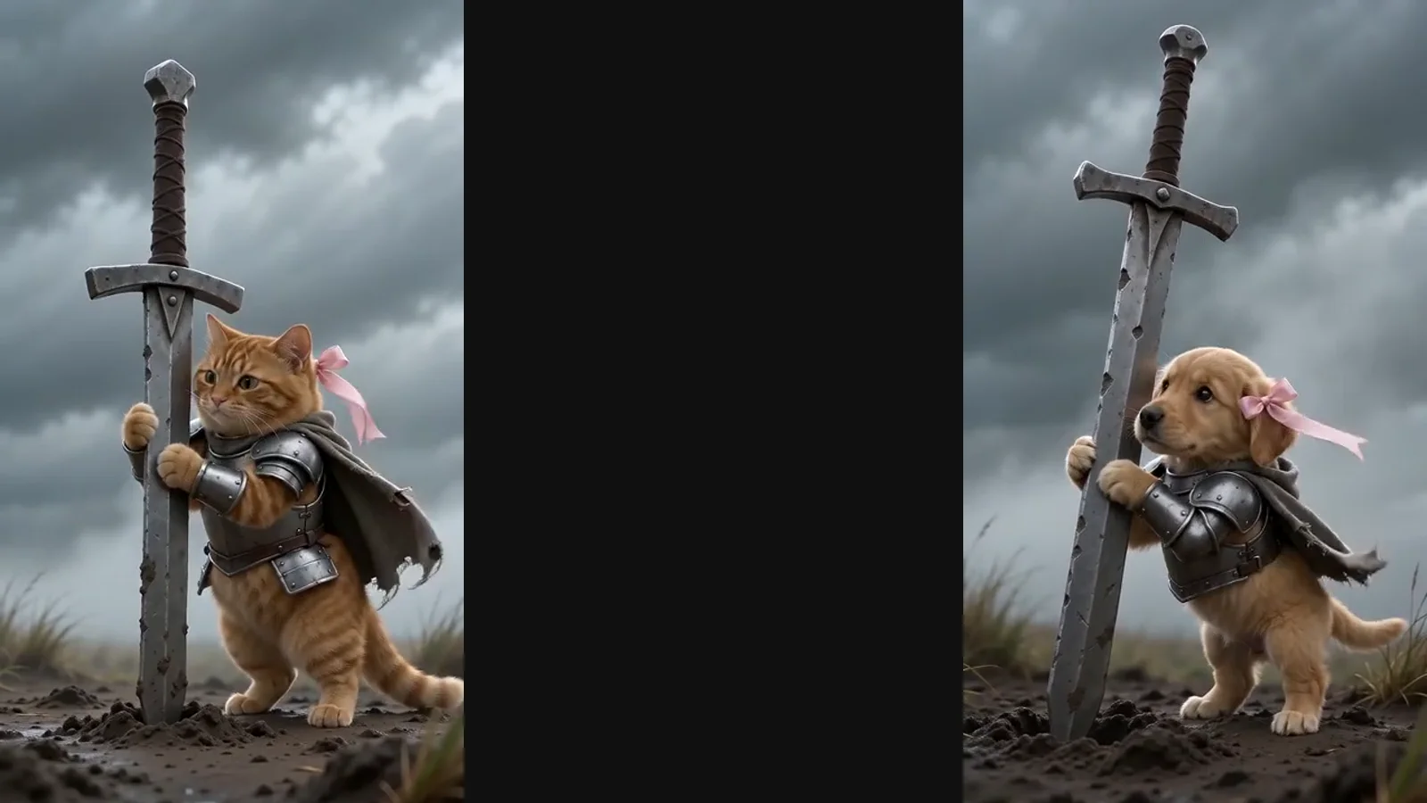 A tiny ginger kitten in silver armor with a pink bow on one ear, hugging a sword three times its height on a muddy, stormy moor — a frame from real model output