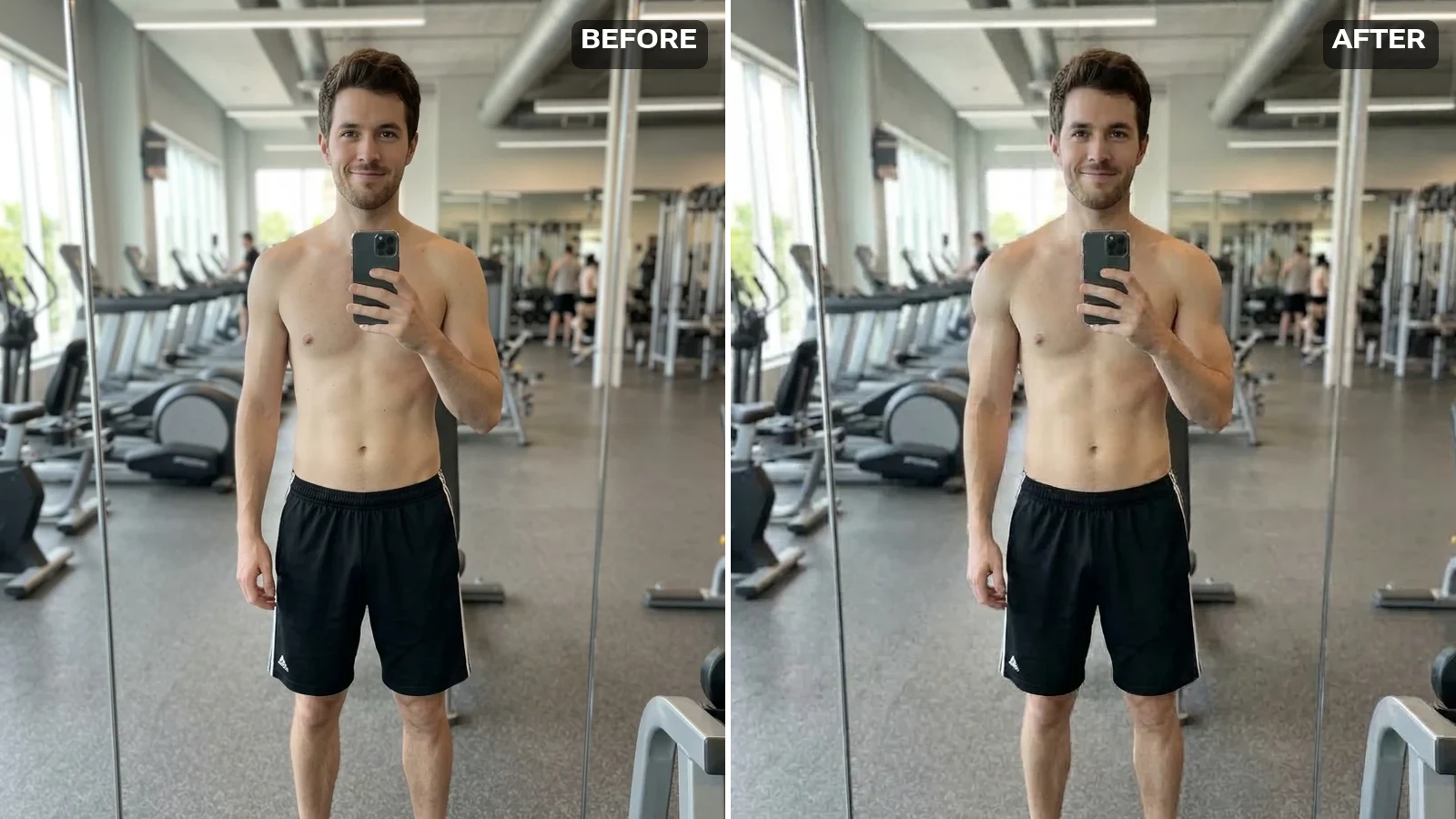After: the same AI-generated fictional man with a defined chest, a visible six-pack and noticeably bigger arms and shoulders — face, shorts, phone, gym and lighting unchanged