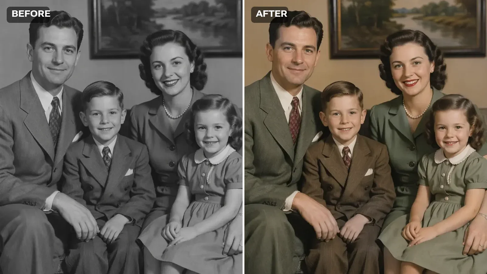 After: real model output of the same colorize black and white photo run — green and brown clothing, natural skin tones