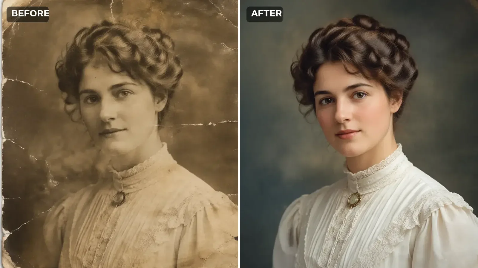 After: real model output — the same portrait with the cracks and stains gone, the detail recovered and natural tone restored