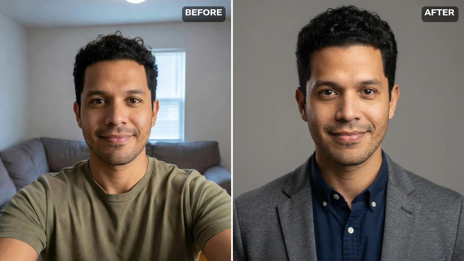 After: the same AI-generated fictional man reshot as a studio portrait by the AI photoshoot — same face, new backdrop, wardrobe and lighting