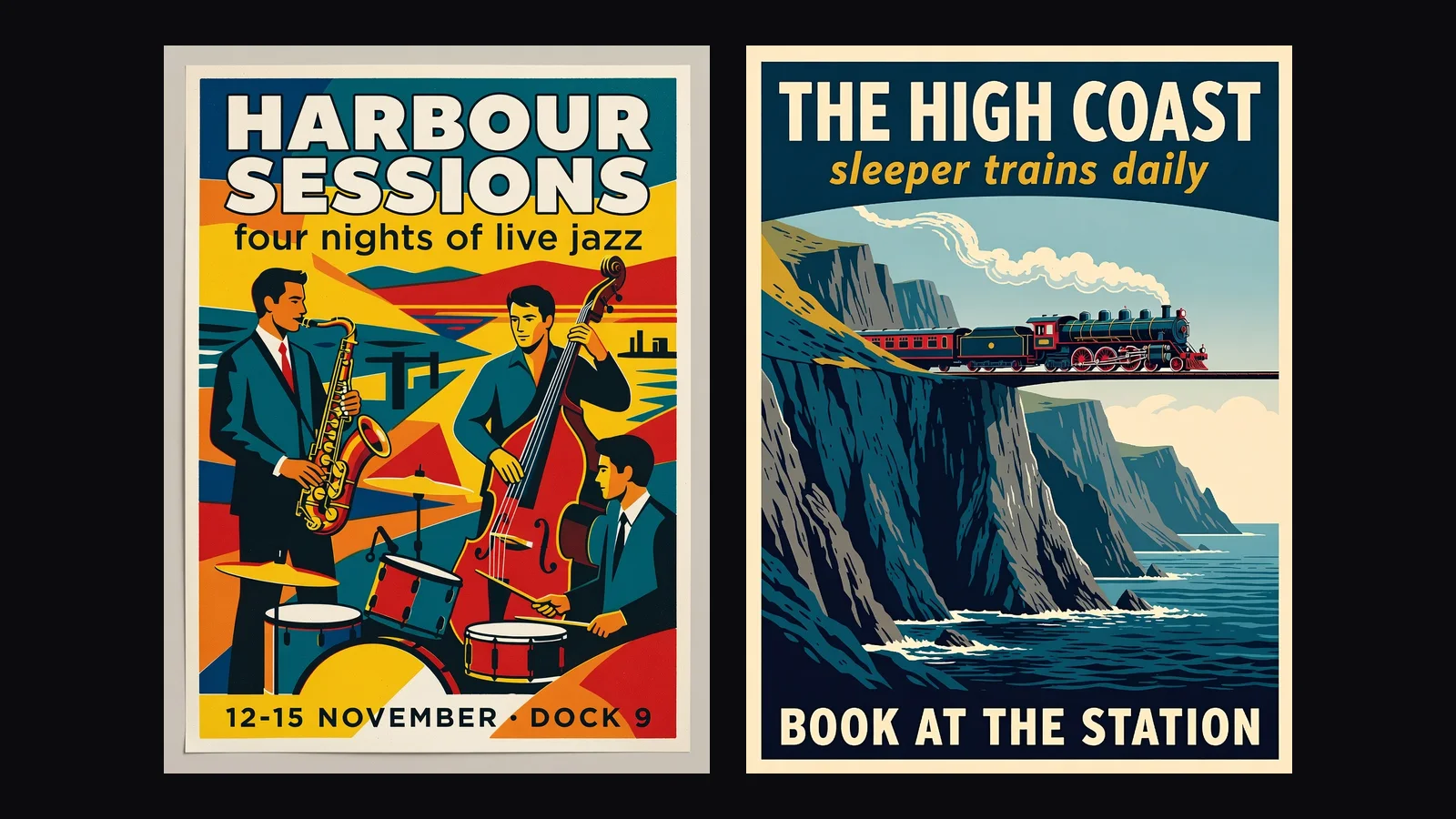 AI-generated poster: a retro screen-printed jazz trio with the headline HARBOUR SESSIONS and the dates 12-15 November