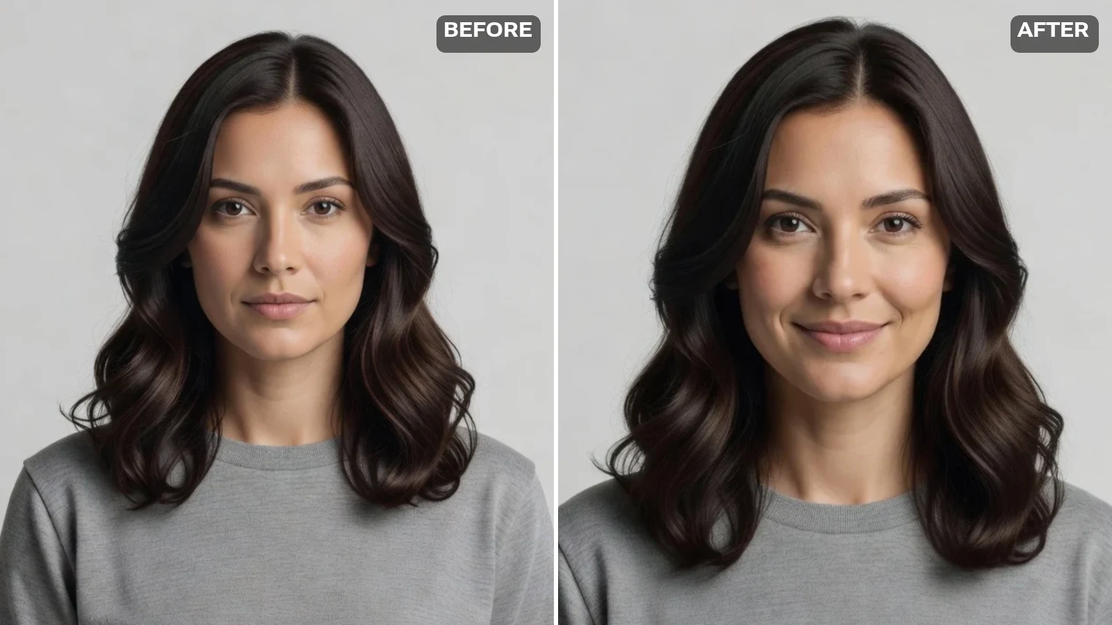 After: the same AI-generated fictional woman with a warm closed-lip smile added to the photo — face, hair and background unchanged