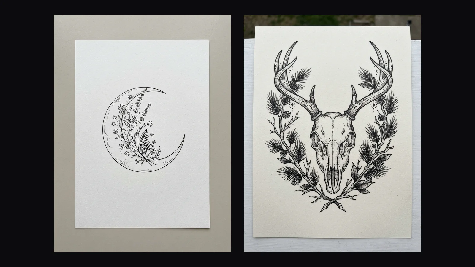 AI tattoo design: a fine-line crescent moon filled with wildflowers, drawn on white paper as a flash sheet