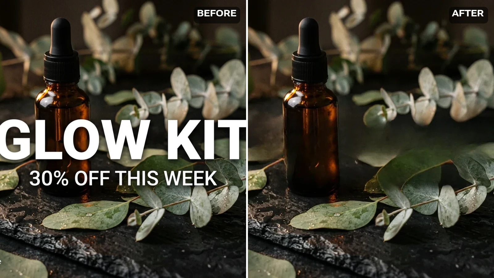 After using the AI text remover: the same product photo with the headline, the offer line and the handle gone — bottle, leaves, slate and water droplets unchanged
