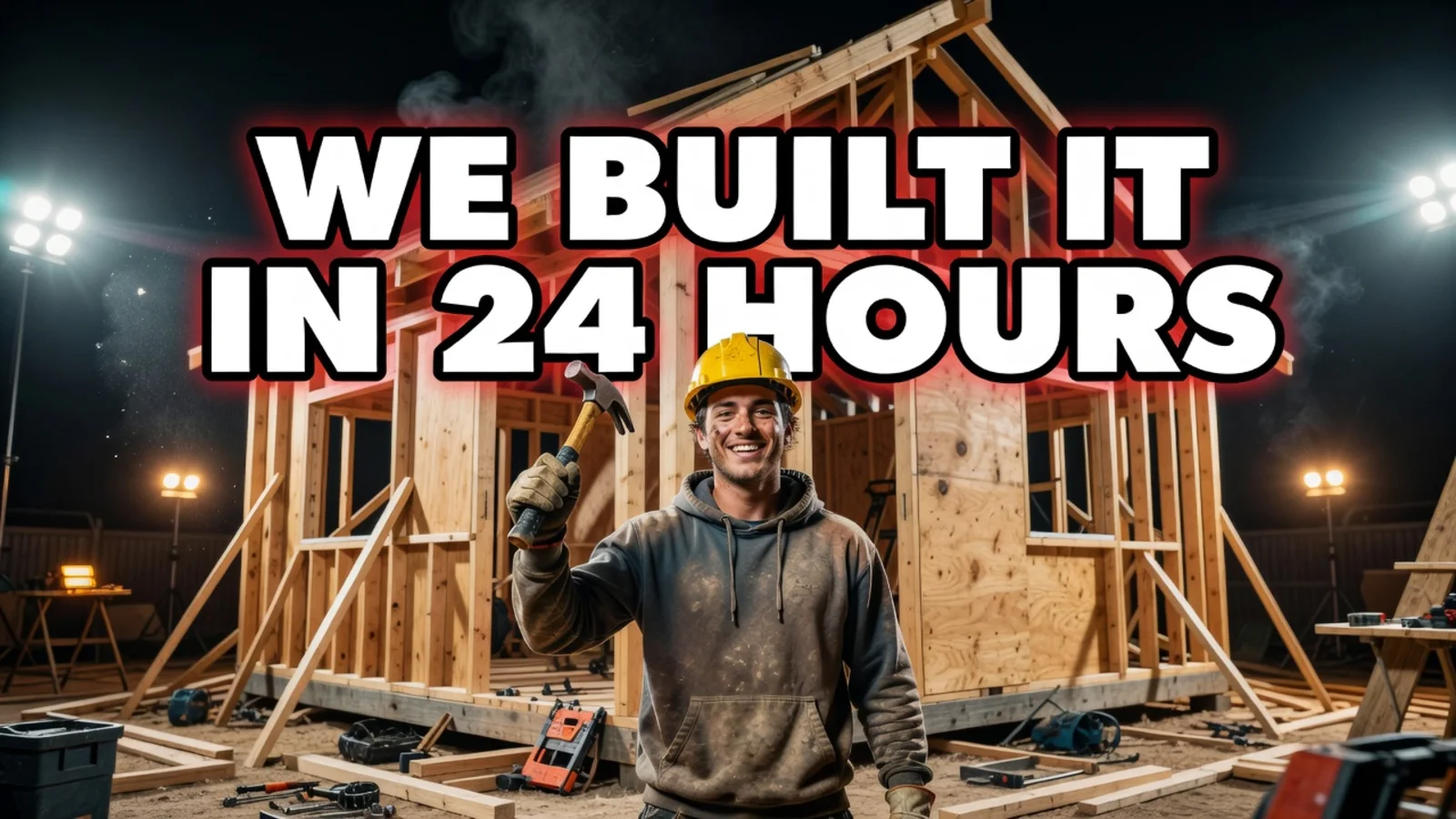 AI-generated YouTube thumbnail: a night building site with the headline WE BUILT IT IN 24 HOURS in bold white type