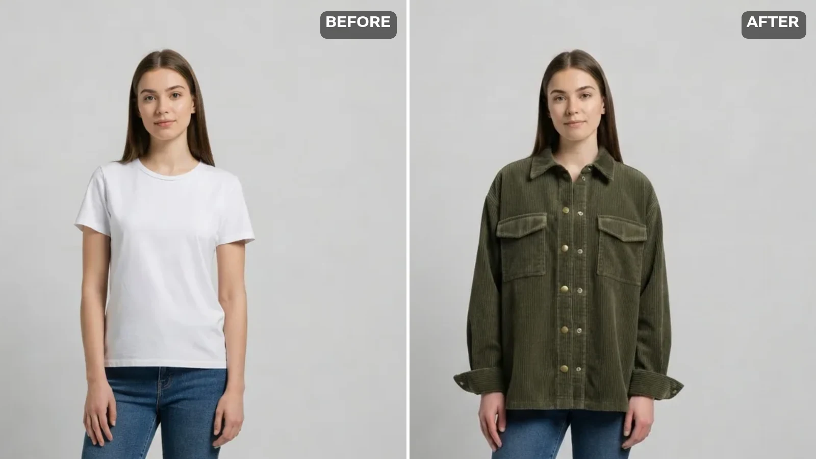 After AI outfit change: the same photo with an olive corduroy jacket rendered on, keeping the jeans, shoes and background