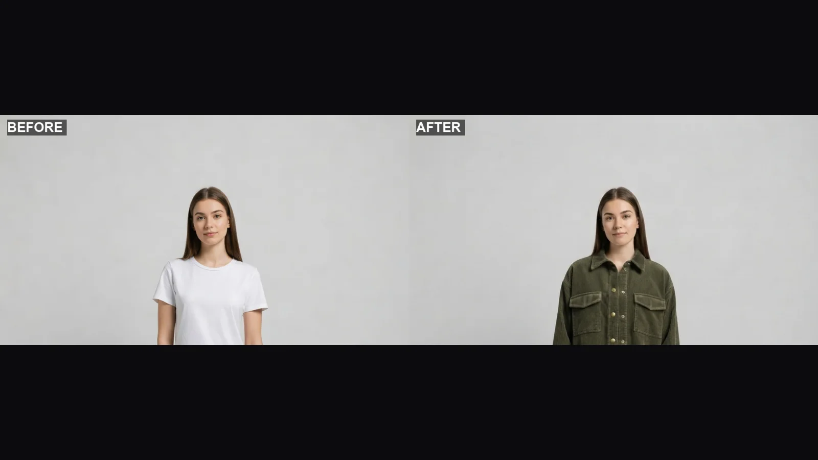 After AI outfit change: the same photo with an olive corduroy jacket rendered on, keeping the jeans, shoes and background