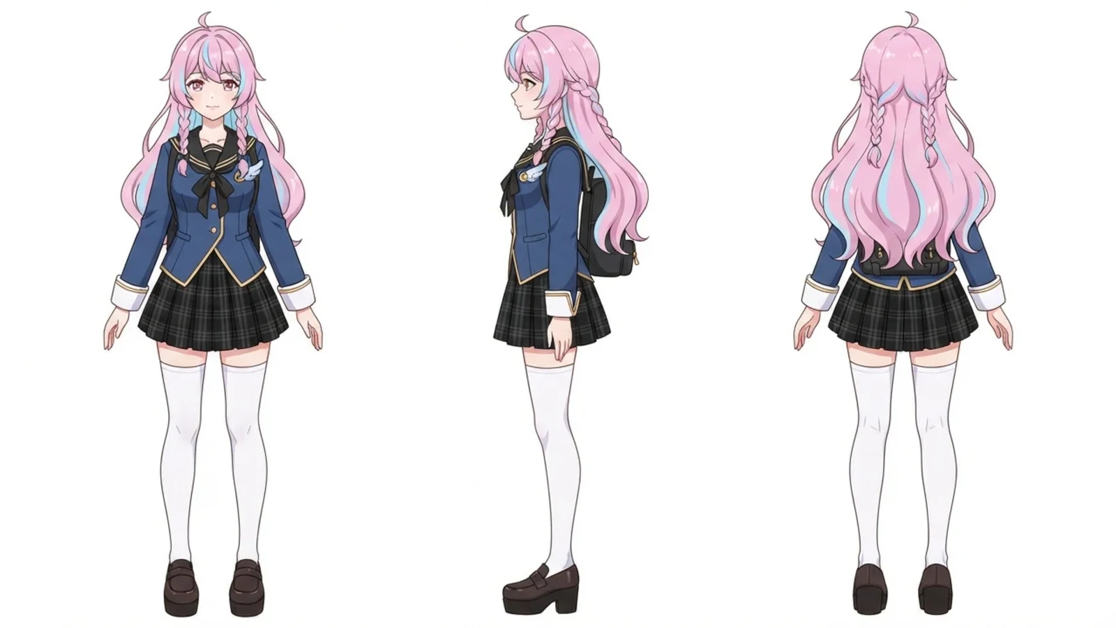 An original VTuber character designed by the AI VTuber maker: an astronomer girl with silver hair, a star hairpin, a navy coat and a brass telescope, drawn as a full-body standing illustration