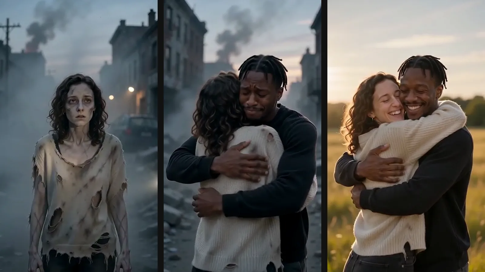 A man in tears hugging a woman with grey zombie skin and a torn sweater on a ruined, smoky street — a frame from real model output