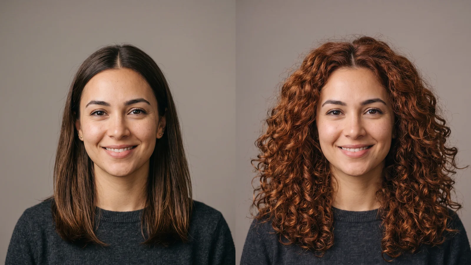 Before and after of the same AI-generated person: straight dark hair changed to voluminous auburn curls by AI
