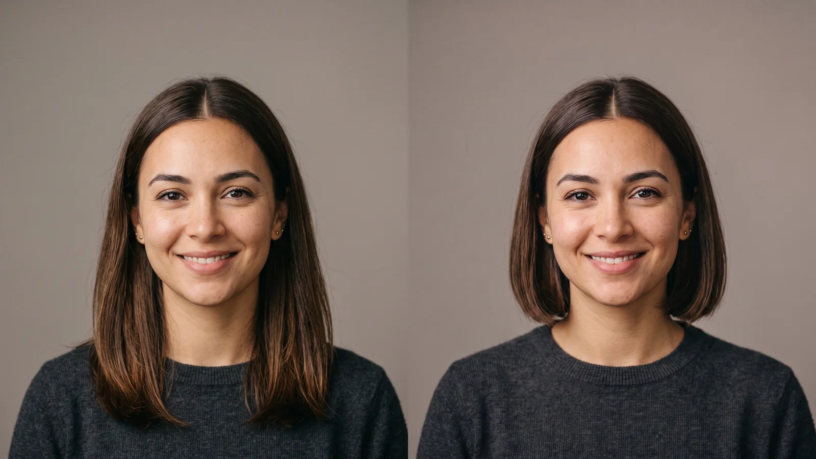 Before and after of an AI-generated fictional person: straight shoulder-length hair changed to a chin-length bob by the AI hairstyle changer