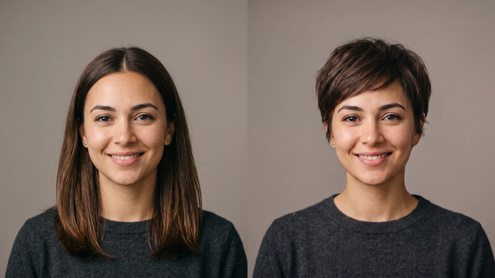 Before and after of the same AI-generated person: long hair changed to a short pixie cut, real Nano Banana Pro output