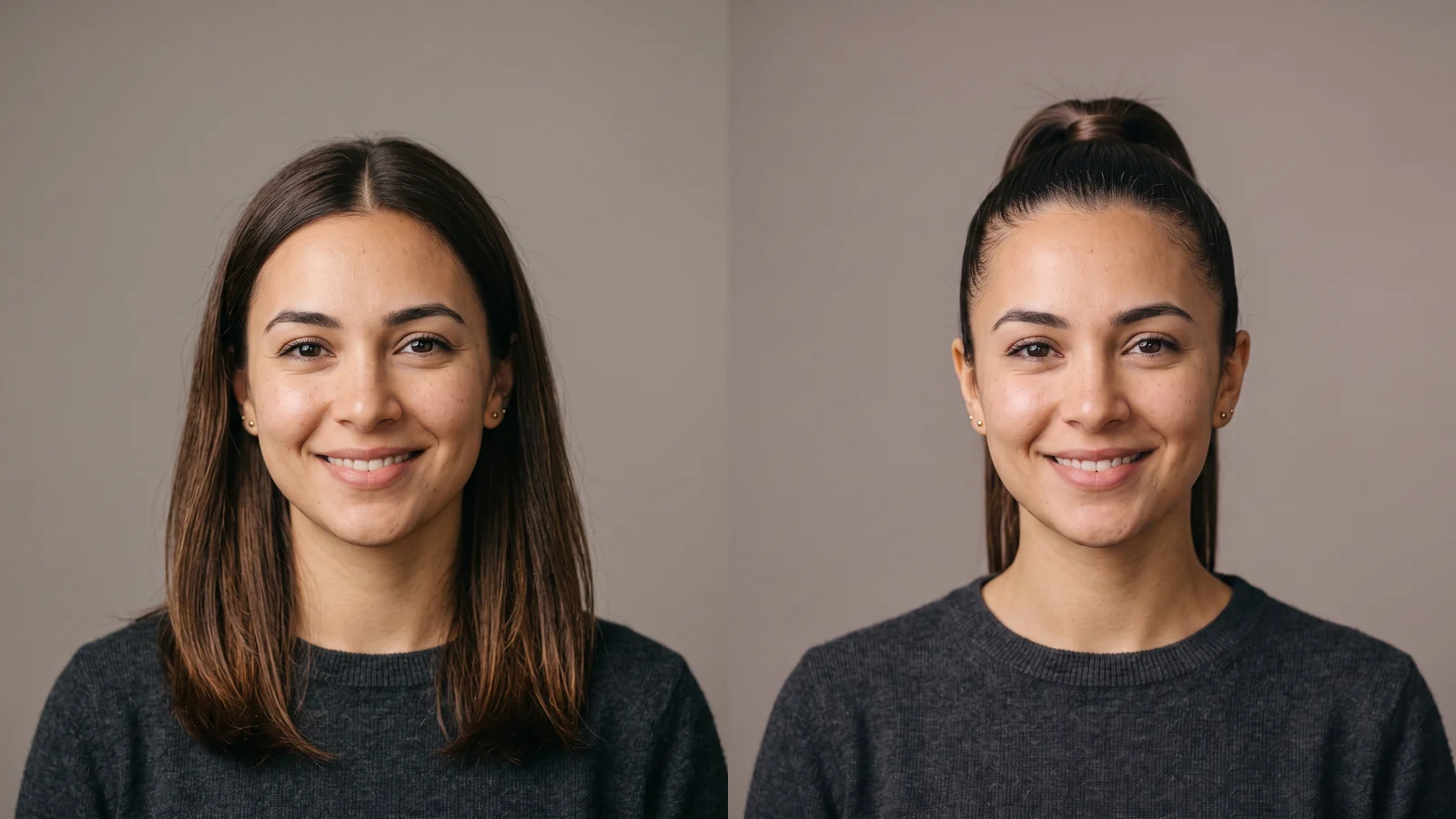 Before and after of the same AI-generated person: hair down changed to a sleek high ponytail by AI