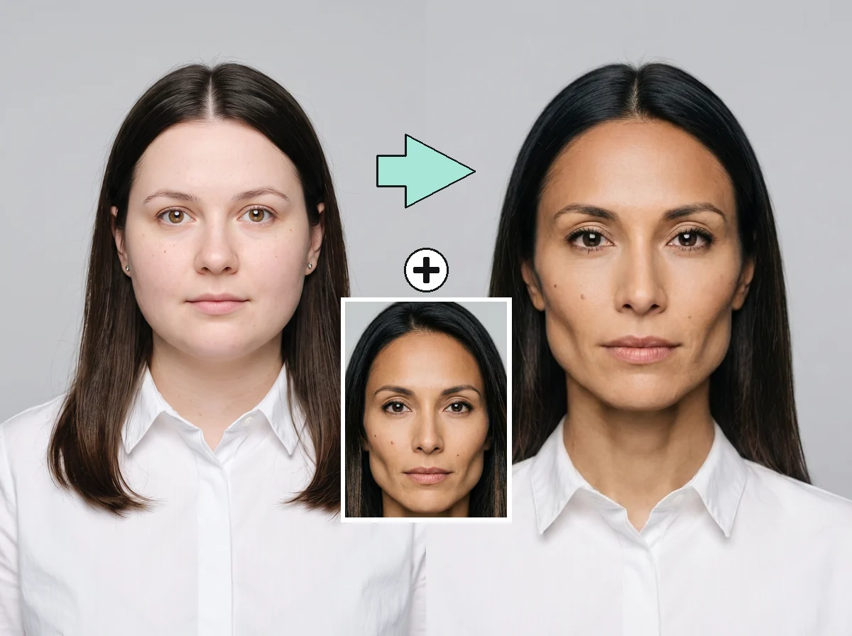 How an AI face swap works: the target studio headshot on the left, the face being used in the middle, and the finished result on the right