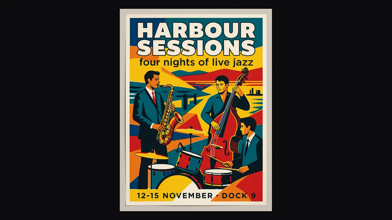 Retro screen-printed AI poster of a jazz trio with the headline HARBOUR SESSIONS