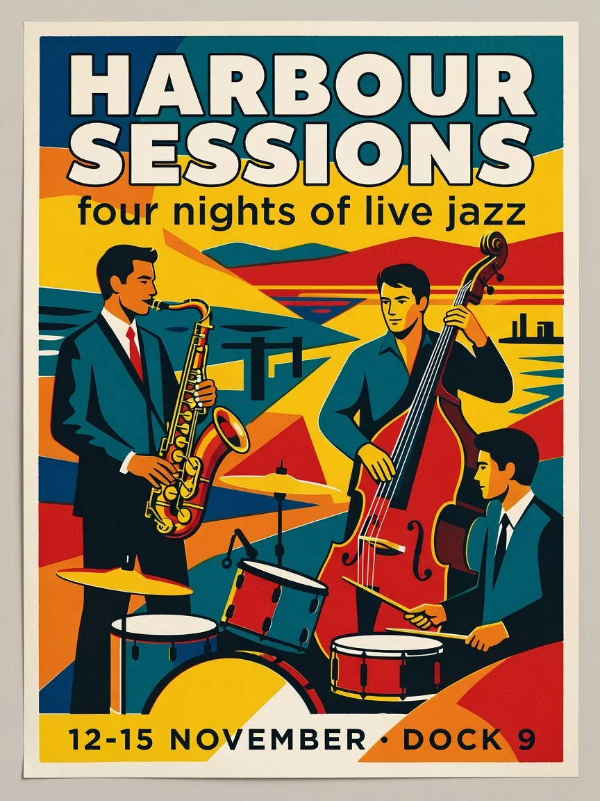 AI-generated poster: a retro screen-printed jazz trio with the headline HARBOUR SESSIONS and the dates 12-15 November